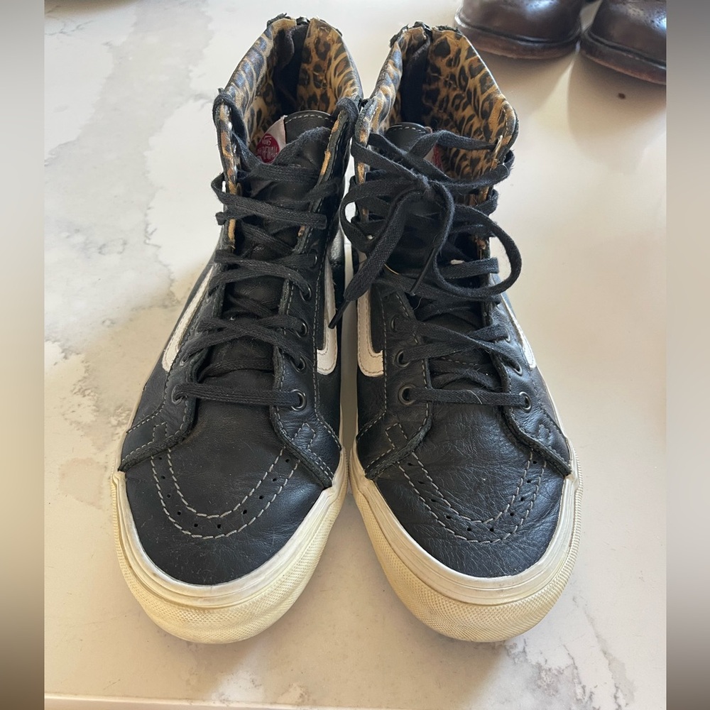 Vans Black High-Top Sneakers with Leopard Print Lining 8.5